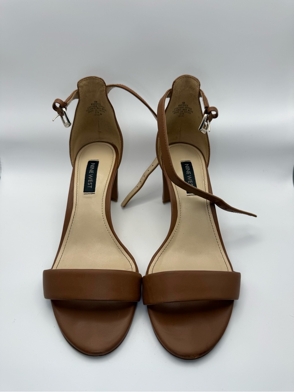Nine West Tan Brown Open-Toe Ankle Strap Block Heels